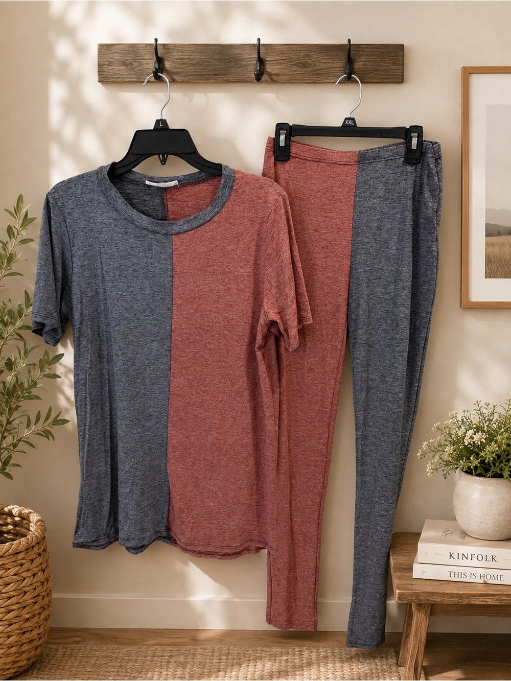 New NWOT Two-Tone Lounge Set - Heathered Gray & Red  Sz S M L